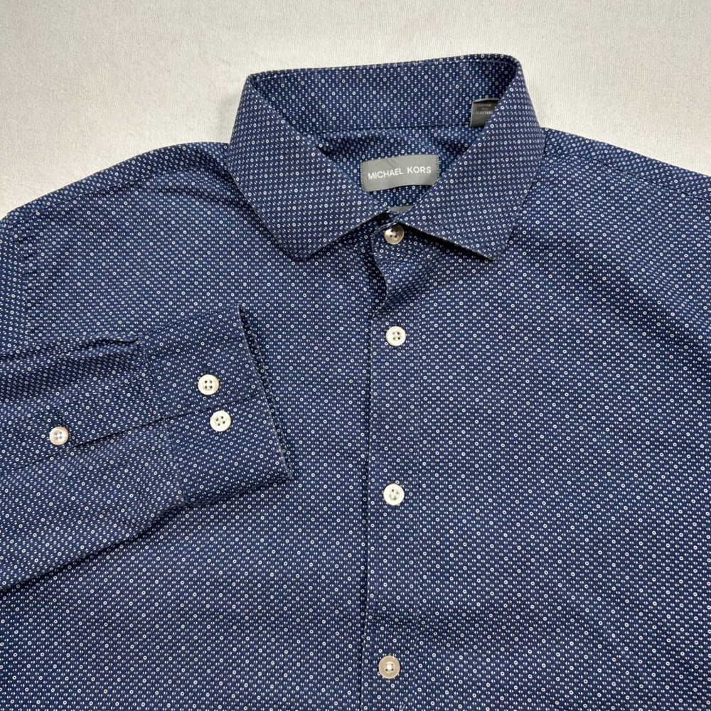 Michael Kors Button Down Shirt‎ L/16.5 Mens Navy Blue Slim Fit Stretch Geometric